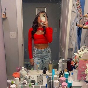 Red Long Sleeve Open Front Going Out Top Cherry Red